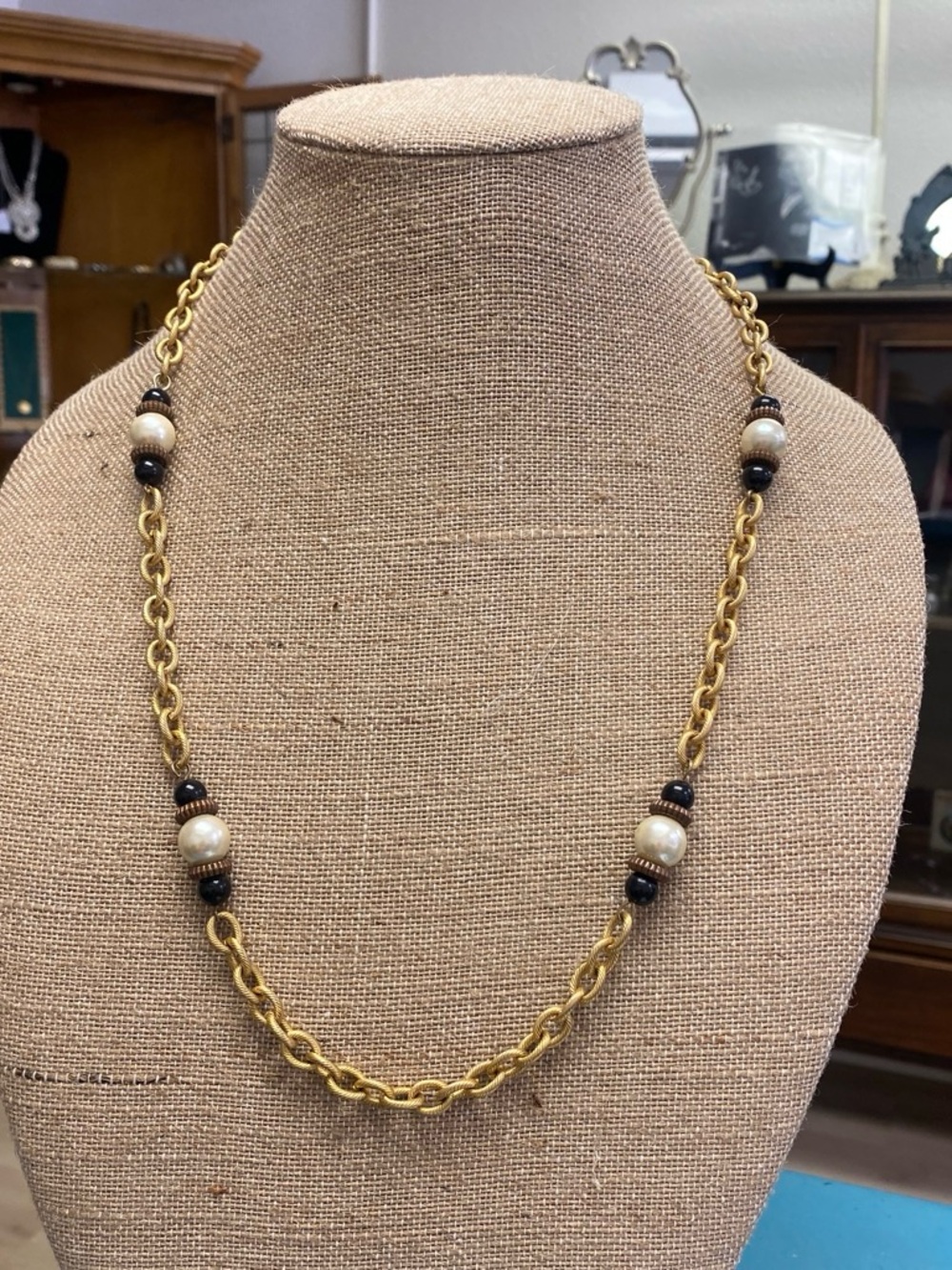 Gold Chain Necklace with Cream Beads and Black Accents